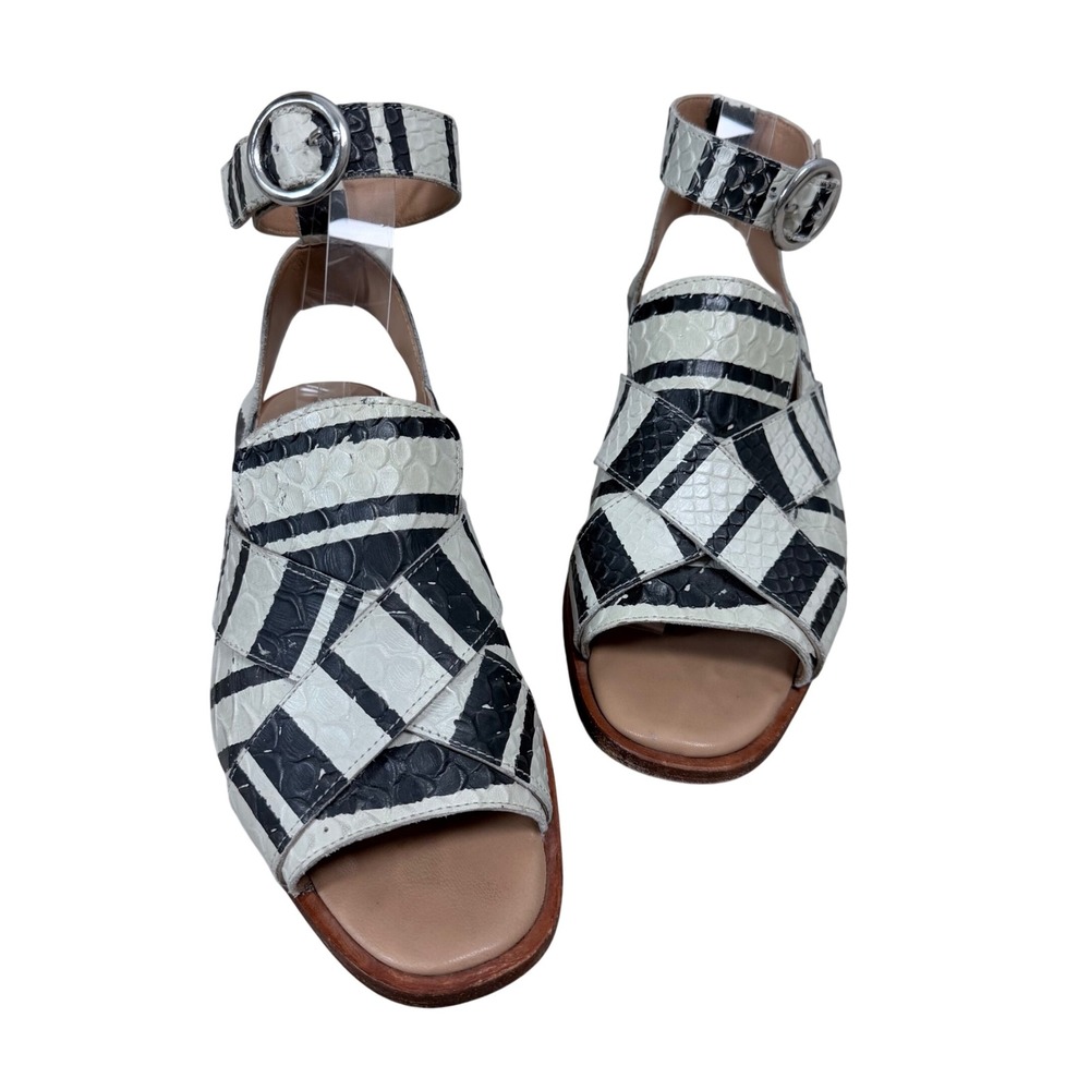 Free People Black White Striped Snakeskin Leather Ankle Strap Sandals 37 EU 7 US - Picture 3 of 8